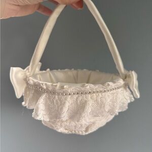 Elegant White Lace Flower Girl Basket with Rhinestones